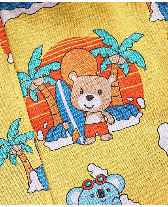 Babyhug 100% Cotton Knit Dungaree and Half Sleeves T-Shirt Set Text & Teddy Print - Blue & Yellow