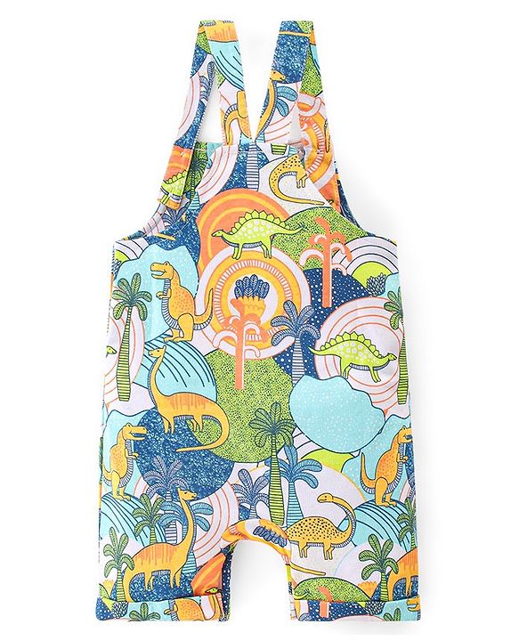 Babyhug 100% Cotton Knit Dungarees With Half Sleeves T-Shirt Dino Print -  Green & Blue
