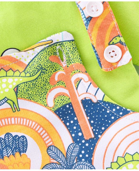 Babyhug 100% Cotton Knit Dungarees With Half Sleeves T-Shirt Dino Print -  Green & Blue