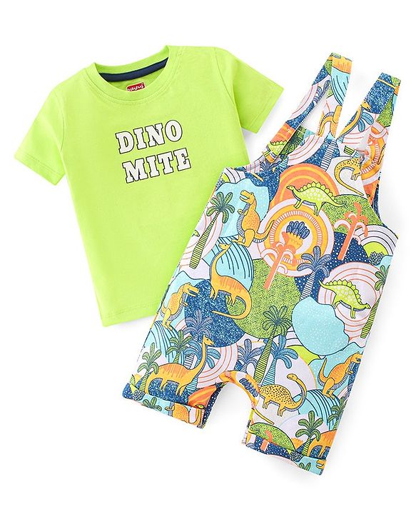 Babyhug 100% Cotton Knit Dungarees With Half Sleeves T-Shirt Dino Print -  Green & Blue