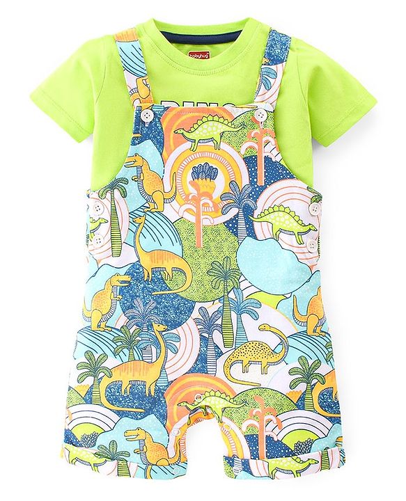 Babyhug 100% Cotton Knit Dungarees With Half Sleeves T-Shirt Dino Print -  Green & Blue