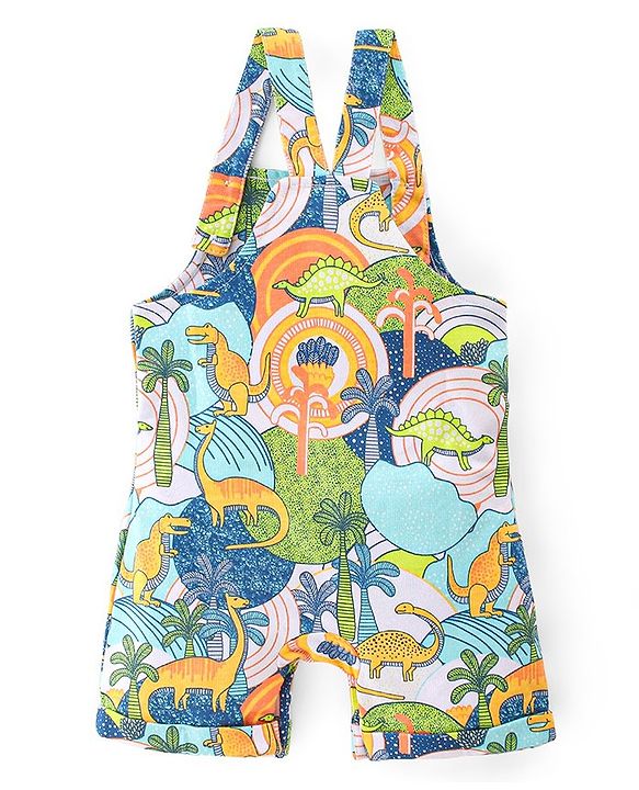 Babyhug 100% Cotton Knit Dungarees With Half Sleeves T-Shirt Dino Print -  Green & Blue