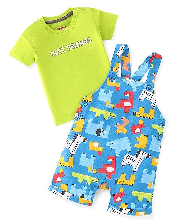 Babyhug Cotton Knit Zebra Printed Dungarees & Half Sleeves Inner Tee Set - Green & Blue