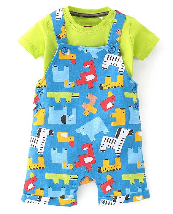 Babyhug Cotton Knit Zebra Printed Dungarees & Half Sleeves Inner Tee Set - Green & Blue