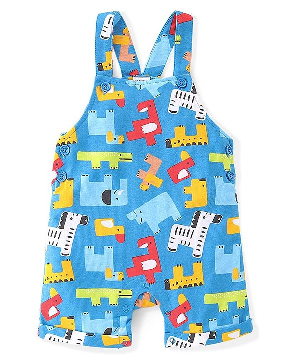Babyhug Cotton Knit Zebra Printed Dungarees & Half Sleeves Inner Tee Set - Green & Blue