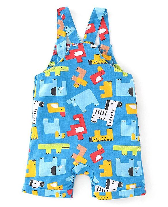 Babyhug Cotton Knit Zebra Printed Dungarees & Half Sleeves Inner Tee Set - Green & Blue