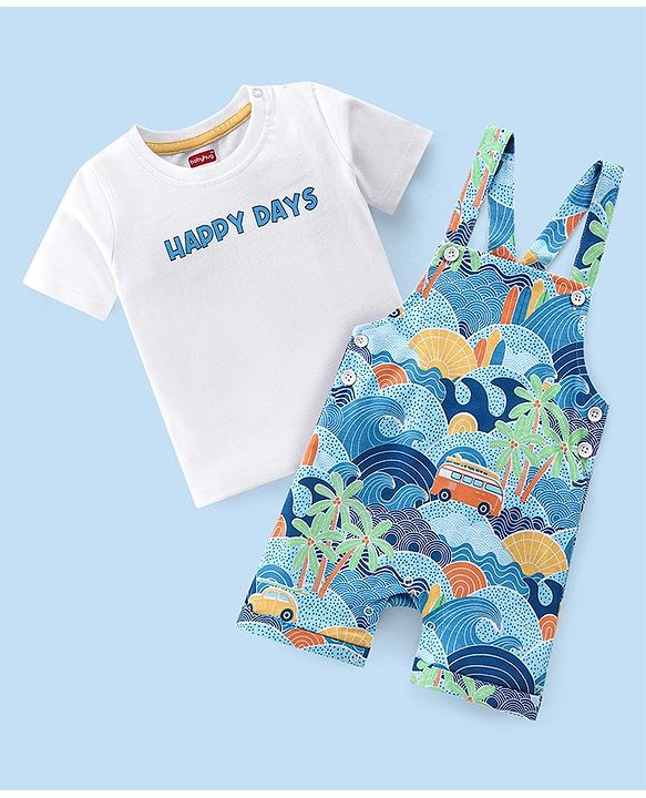 Babyhug 100% Cotton Single Jersey Knit Palm Tree Printed Dungaree and Half Sleeves T-Shirt Set - White & Light Blue