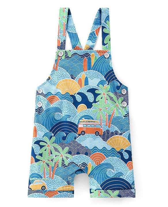 Babyhug 100% Cotton Single Jersey Knit Palm Tree Printed Dungaree and Half Sleeves T-Shirt Set - White & Light Blue