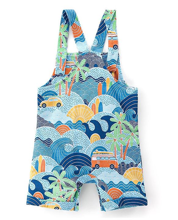 Babyhug 100% Cotton Single Jersey Knit Palm Tree Printed Dungaree and Half Sleeves T-Shirt Set - White & Light Blue