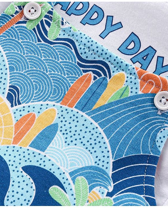 Babyhug 100% Cotton Single Jersey Knit Palm Tree Printed Dungaree and Half Sleeves T-Shirt Set - White & Light Blue