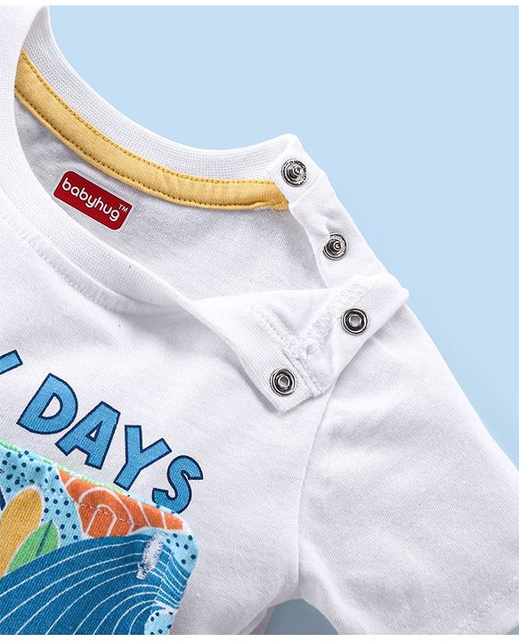 Babyhug 100% Cotton Single Jersey Knit Palm Tree Printed Dungaree and Half Sleeves T-Shirt Set - White & Light Blue