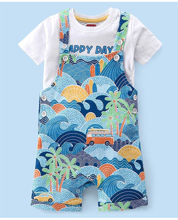 Babyhug 100% Cotton Single Jersey Knit Palm Tree Printed Dungaree and Half Sleeves T-Shirt Set - White & Light Blue