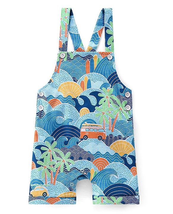 Babyhug 100% Cotton Single Jersey Knit Palm Tree Printed Dungaree and Half Sleeves T-Shirt Set - White & Light Blue
