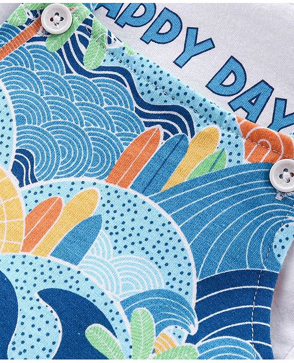 Babyhug 100% Cotton Single Jersey Knit Palm Tree Printed Dungaree and Half Sleeves T-Shirt Set - White & Light Blue