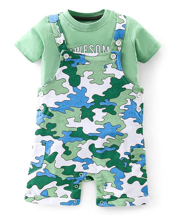 Babyhug 100% Cotton Single Jersey Knit Camouflage Printed Dungaree and Half Sleeves T-Shirt Set - Green