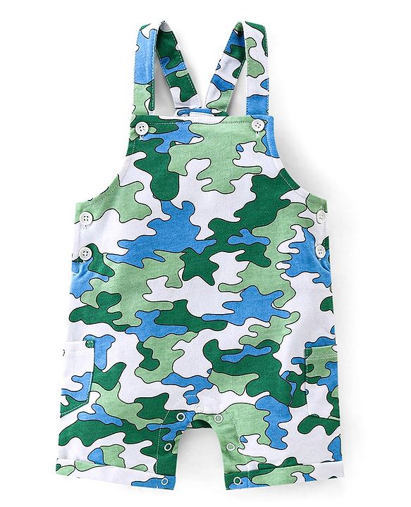Babyhug 100% Cotton Single Jersey Knit Camouflage Printed Dungaree and Half Sleeves T-Shirt Set - Green