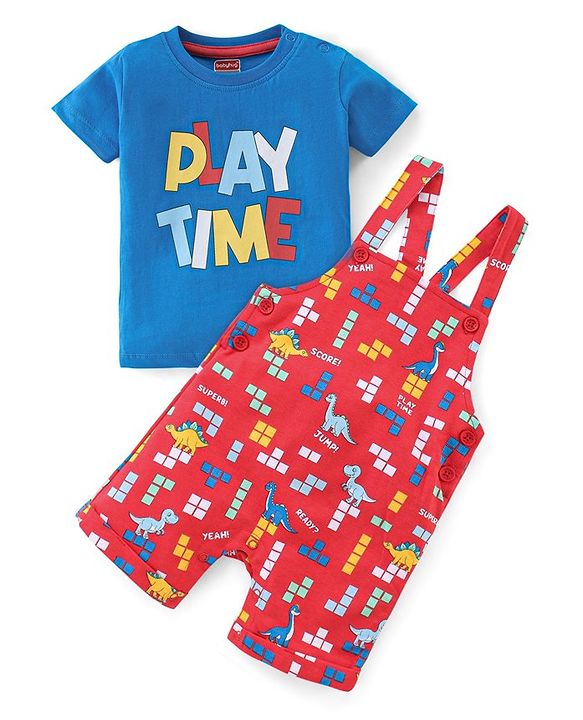 Babyhug Cotton Knit Dungaree with Half Sleeves Inner Tee Set Dino Print - Blue & Red