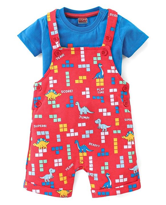 Babyhug Cotton Knit Dungaree with Half Sleeves Inner Tee Set Dino Print - Blue & Red