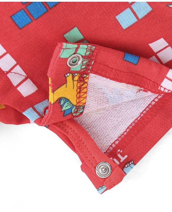 Babyhug Cotton Knit Dungaree with Half Sleeves Inner Tee Set Dino Print - Blue & Red