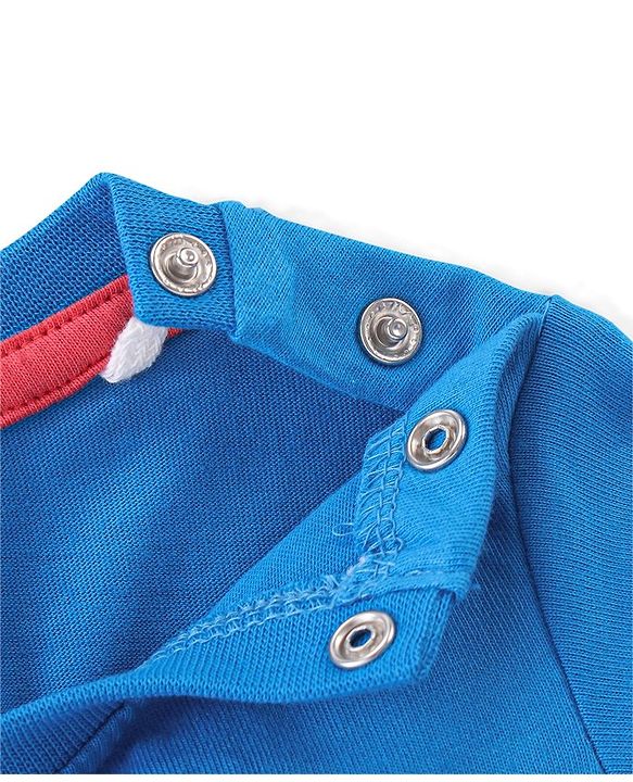 Babyhug Cotton Knit Dungaree with Half Sleeves Inner Tee Set Dino Print - Blue & Red