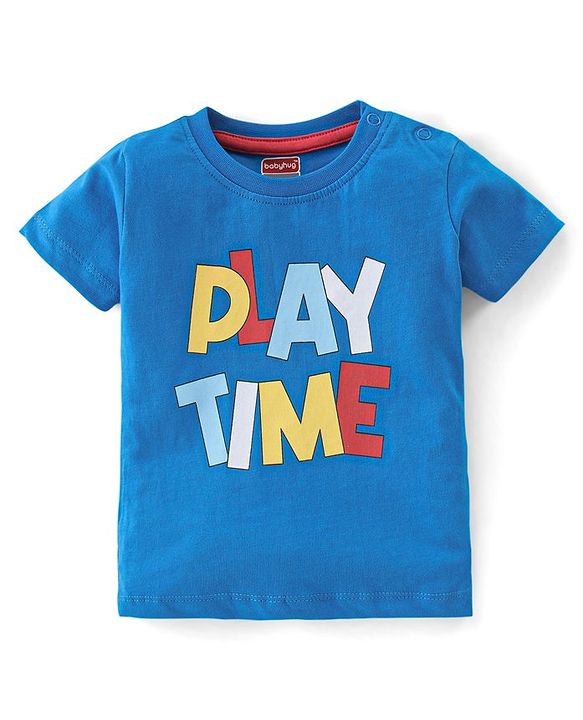 Babyhug Cotton Knit Dungaree with Half Sleeves Inner Tee Set Dino Print - Blue & Red