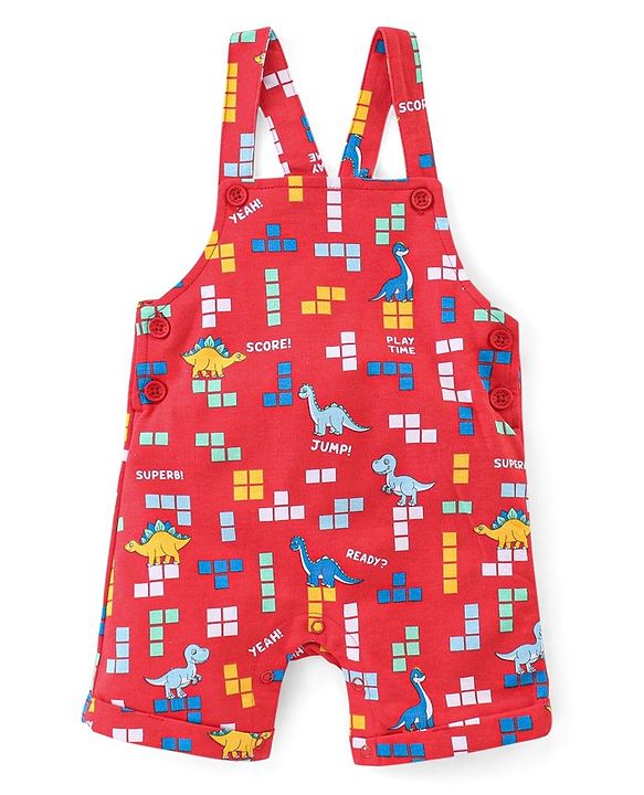 Babyhug Cotton Knit Dungaree with Half Sleeves Inner Tee Set Dino Print - Blue & Red