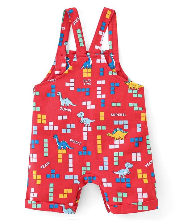 Babyhug Cotton Knit Dungaree with Half Sleeves Inner Tee Set Dino Print - Blue & Red