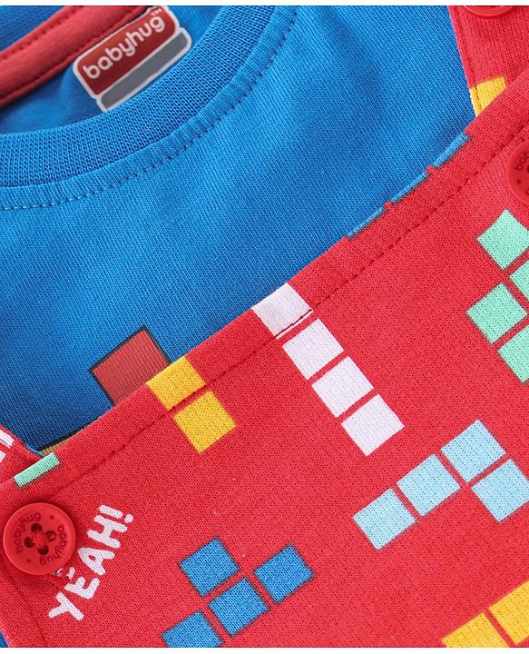Babyhug Cotton Knit Dungaree with Half Sleeves Inner Tee Set Dino Print - Blue & Red