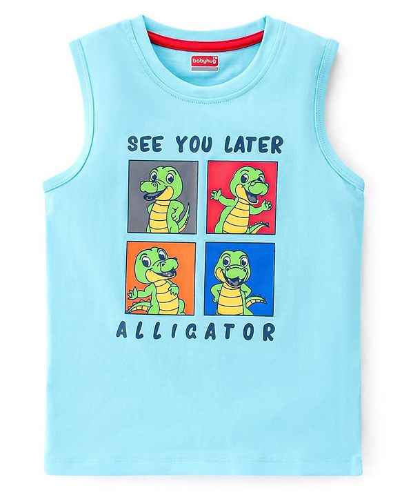 Babyhug Cotton Sleeveless Tank T-Shirt with Alligator Graphics - Light Blue