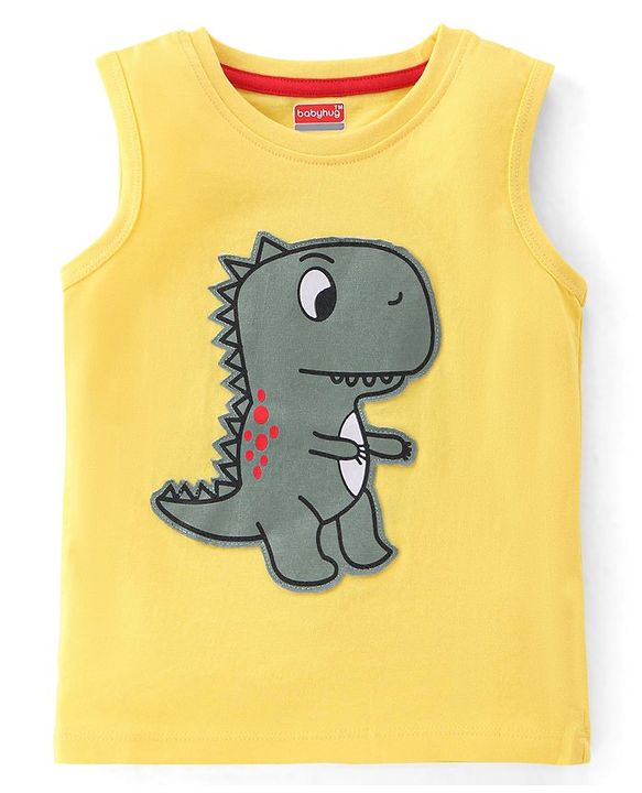 Babyhug 100% Cotton Knit Sleeveless T-Shirt Dino Graphics - Yellow