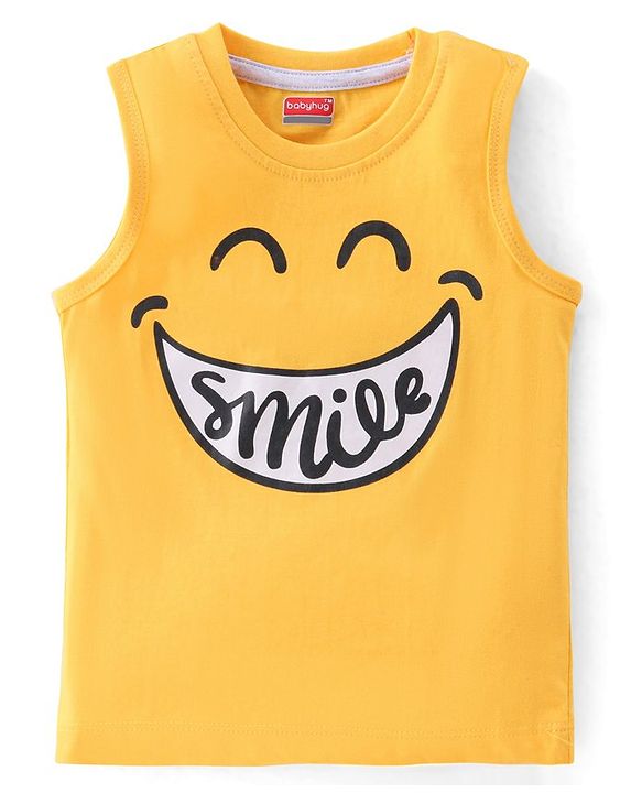 Babyhug 100% Cotton Knit Sleeveless T-Shirt Smiley Graphics - Yellow