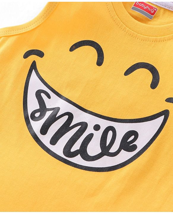 Babyhug 100% Cotton Knit Sleeveless T-Shirt Smiley Graphics - Yellow