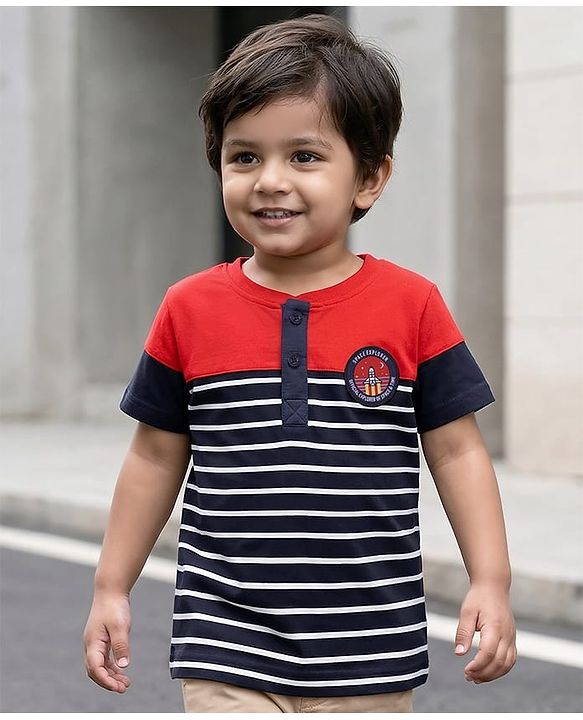 Babyhug Cotton Half Sleeves Striped T-Shirt With Marrowing Detailing - Red & Navy