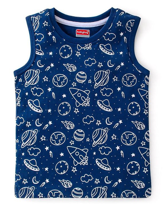 Babyhug Cotton Sleeveless Tank T-Shirt With Space Graphics - Navy