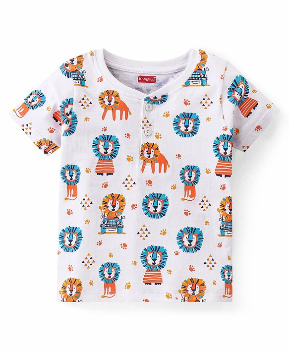 Babyhug 100% Cotton Knit Half Sleeves T-Shirt with Lion Graphics - White