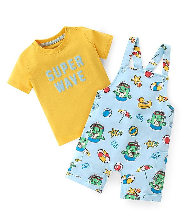 Babyhug 100% Cotton Knit Dungaree & Half Sleeves T-Shirt Set Text & Crocodile Print - Light Blue & Yellow