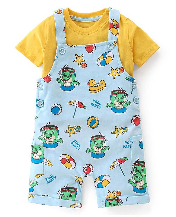 Babyhug 100% Cotton Knit Dungaree & Half Sleeves T-Shirt Set Text & Crocodile Print - Light Blue & Yellow