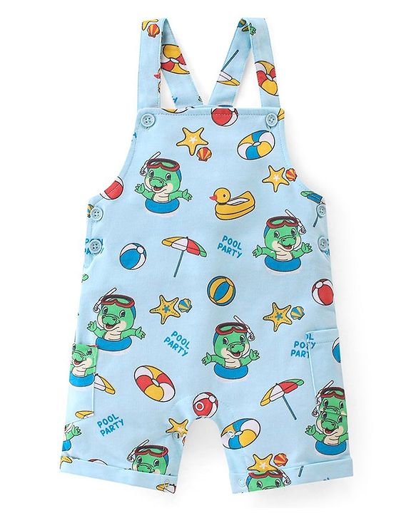 Babyhug 100% Cotton Knit Dungaree & Half Sleeves T-Shirt Set Text & Crocodile Print - Light Blue & Yellow