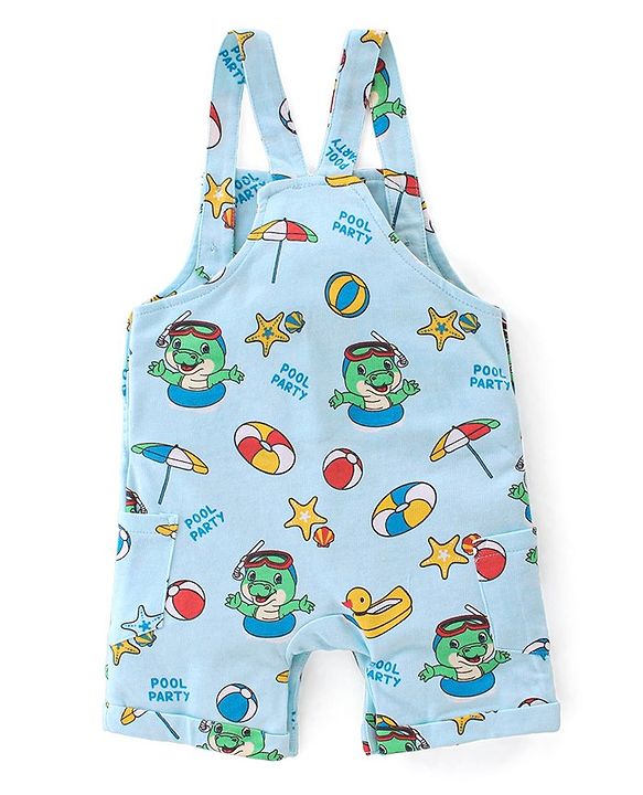 Babyhug 100% Cotton Knit Dungaree & Half Sleeves T-Shirt Set Text & Crocodile Print - Light Blue & Yellow