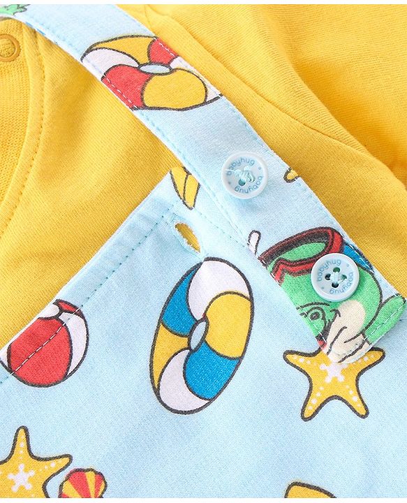 Babyhug 100% Cotton Knit Dungaree & Half Sleeves T-Shirt Set Text & Crocodile Print - Light Blue & Yellow