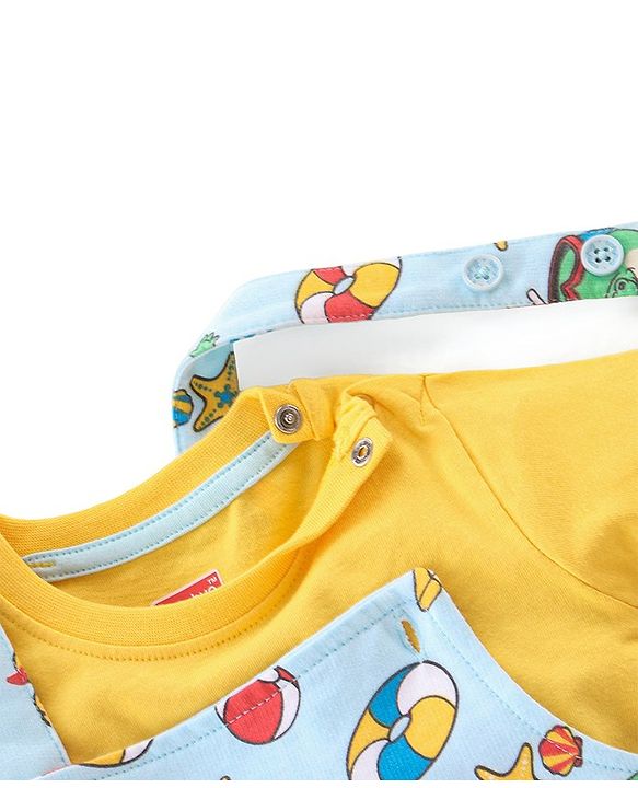 Babyhug 100% Cotton Knit Dungaree & Half Sleeves T-Shirt Set Text & Crocodile Print - Light Blue & Yellow