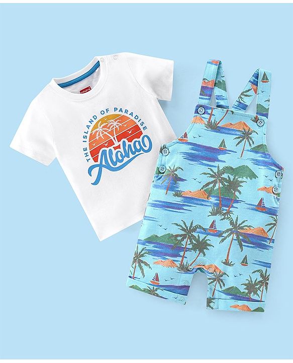 Babyhug 100% Cotton Single Jersey Knit Palm Tree  Printed Dungaree and Half Sleeves T-Shirt Set - White & Light Green