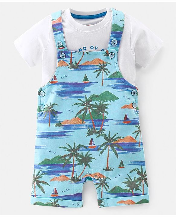 Babyhug 100% Cotton Single Jersey Knit Palm Tree  Printed Dungaree and Half Sleeves T-Shirt Set - White & Light Green