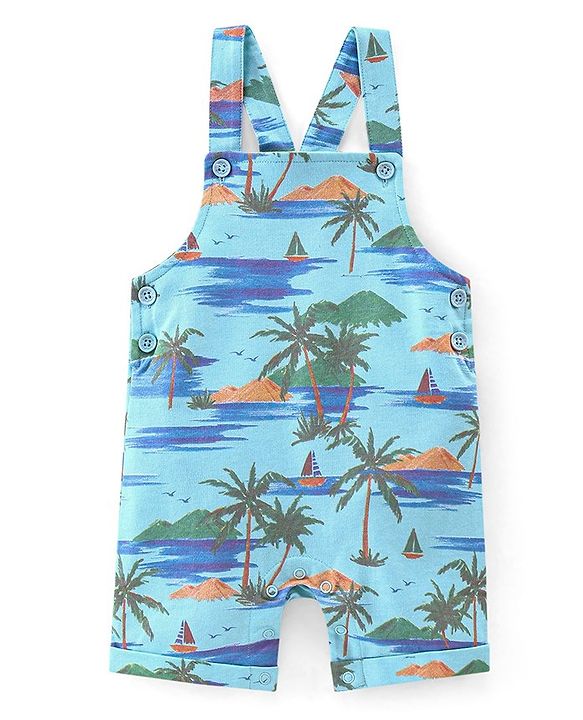 Babyhug 100% Cotton Single Jersey Knit Palm Tree  Printed Dungaree and Half Sleeves T-Shirt Set - White & Light Green