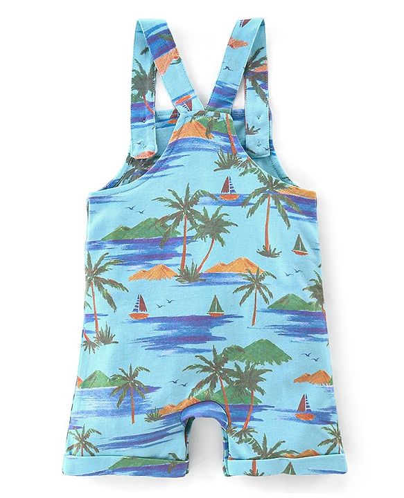 Babyhug 100% Cotton Single Jersey Knit Palm Tree  Printed Dungaree and Half Sleeves T-Shirt Set - White & Light Green