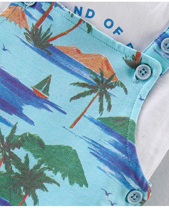 Babyhug 100% Cotton Single Jersey Knit Palm Tree  Printed Dungaree and Half Sleeves T-Shirt Set - White & Light Green