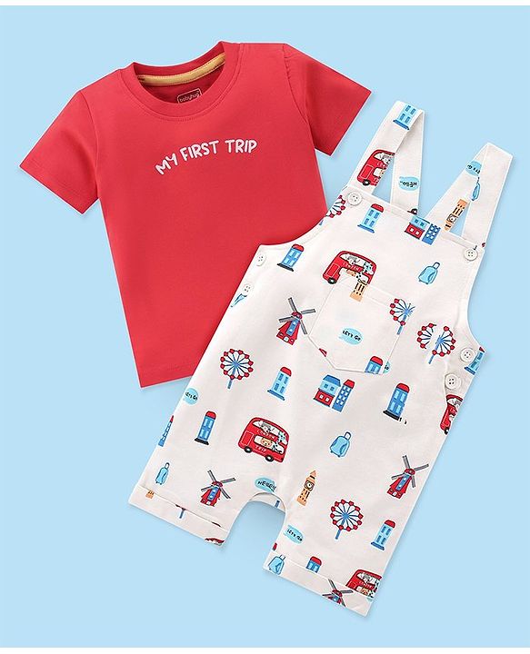 Babyhug Cotton Knit City Printed Dungaree with Half Sleeves Inner Tee - Red & White