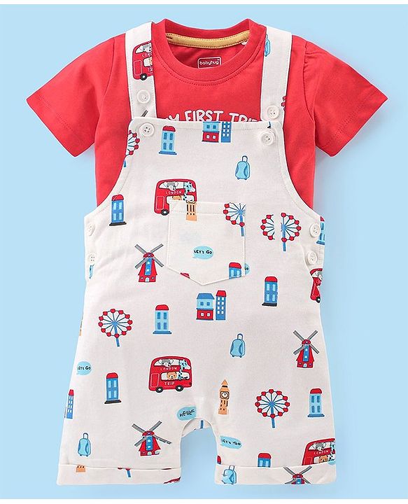 Babyhug Cotton Knit City Printed Dungaree with Half Sleeves Inner Tee - Red & White