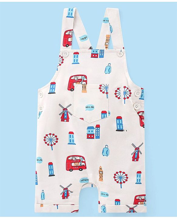 Babyhug Cotton Knit City Printed Dungaree with Half Sleeves Inner Tee - Red & White