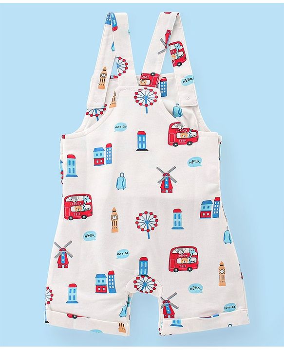 Babyhug Cotton Knit City Printed Dungaree with Half Sleeves Inner Tee - Red & White